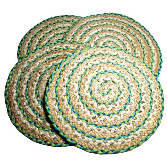 Set of Four Placemats Round Woven Jute Blue Yellow Beige 16 Inches Circumference - Picture 1 of 4